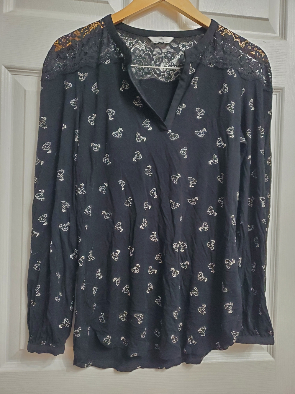 Camber & Grace Black Lace Longsleeve with White Crane Pattern - SIZE UNKNOWN